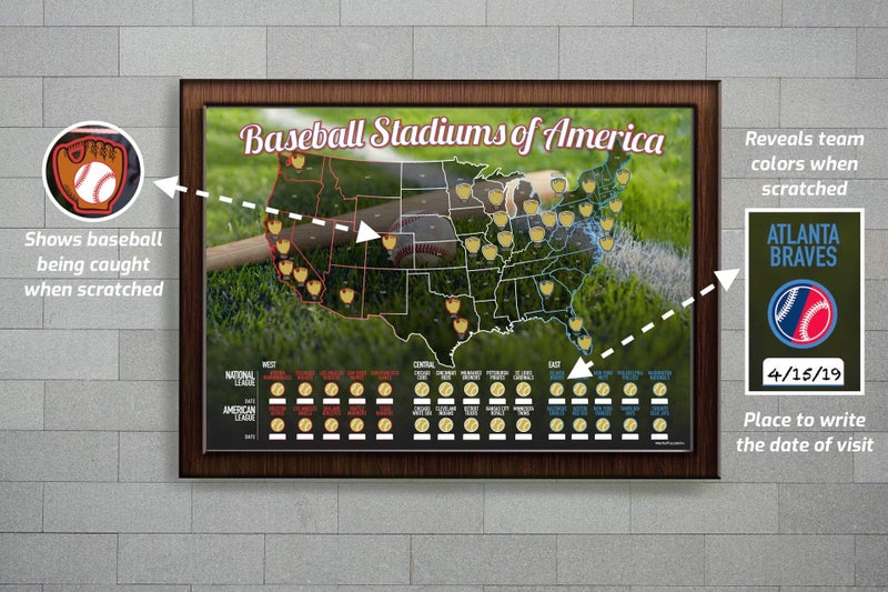 Merhoff & Larkin Baseball Stadiums of America Scratch Off Map | Lists National & Major League Teams | MLB Ballpark Wall Poster, Bucket List, & Tracker of Visited Parks | Gift for Baseball Enthusiasts & Sport Fans - Image 3